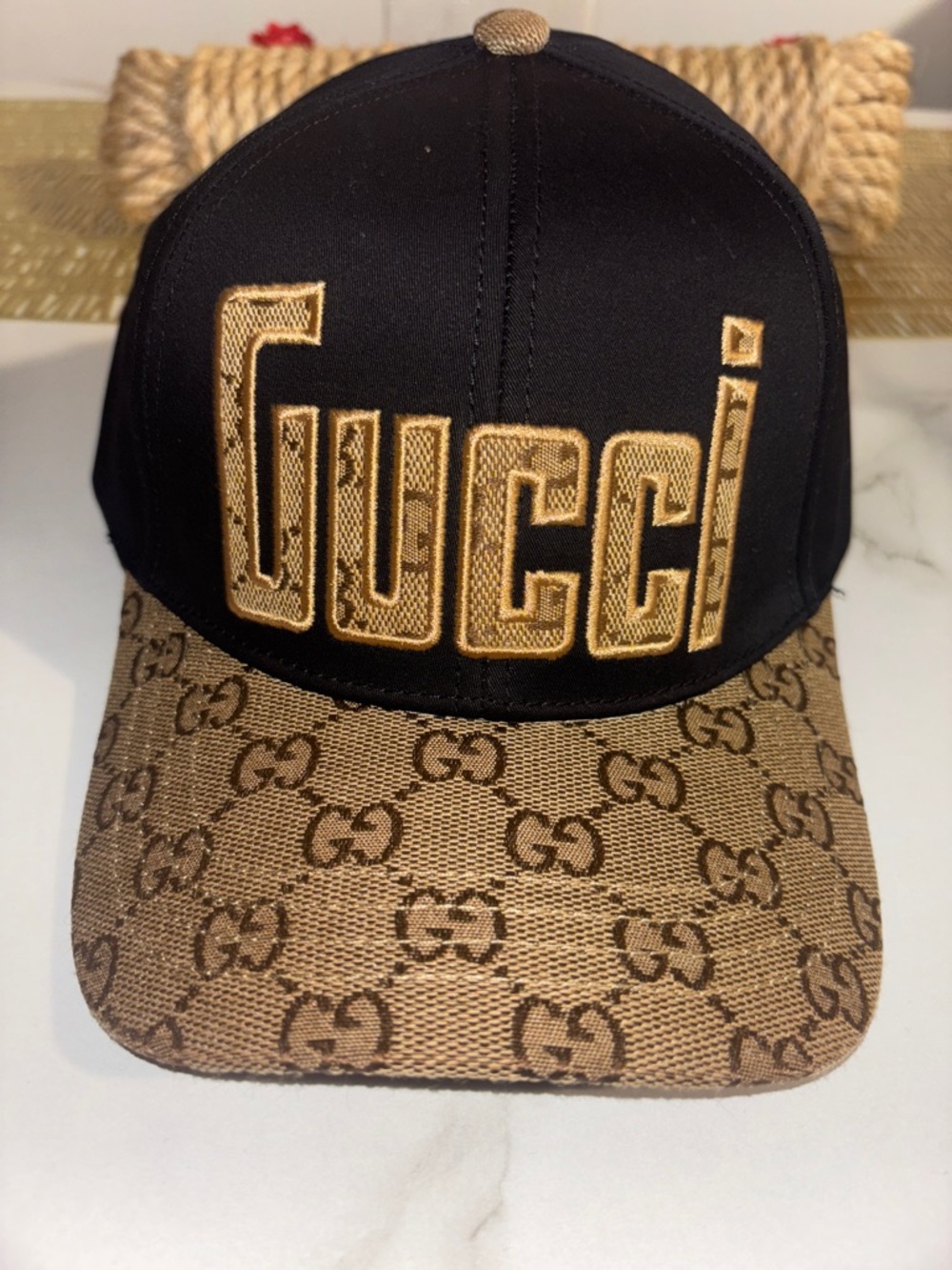 Black and Brown GG Logo Baseball Cap with Gold Embroidery